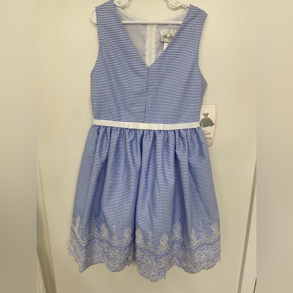 Rare Editions Blue Gingham Lace-Hem Sleeveless Dress with White Waistband